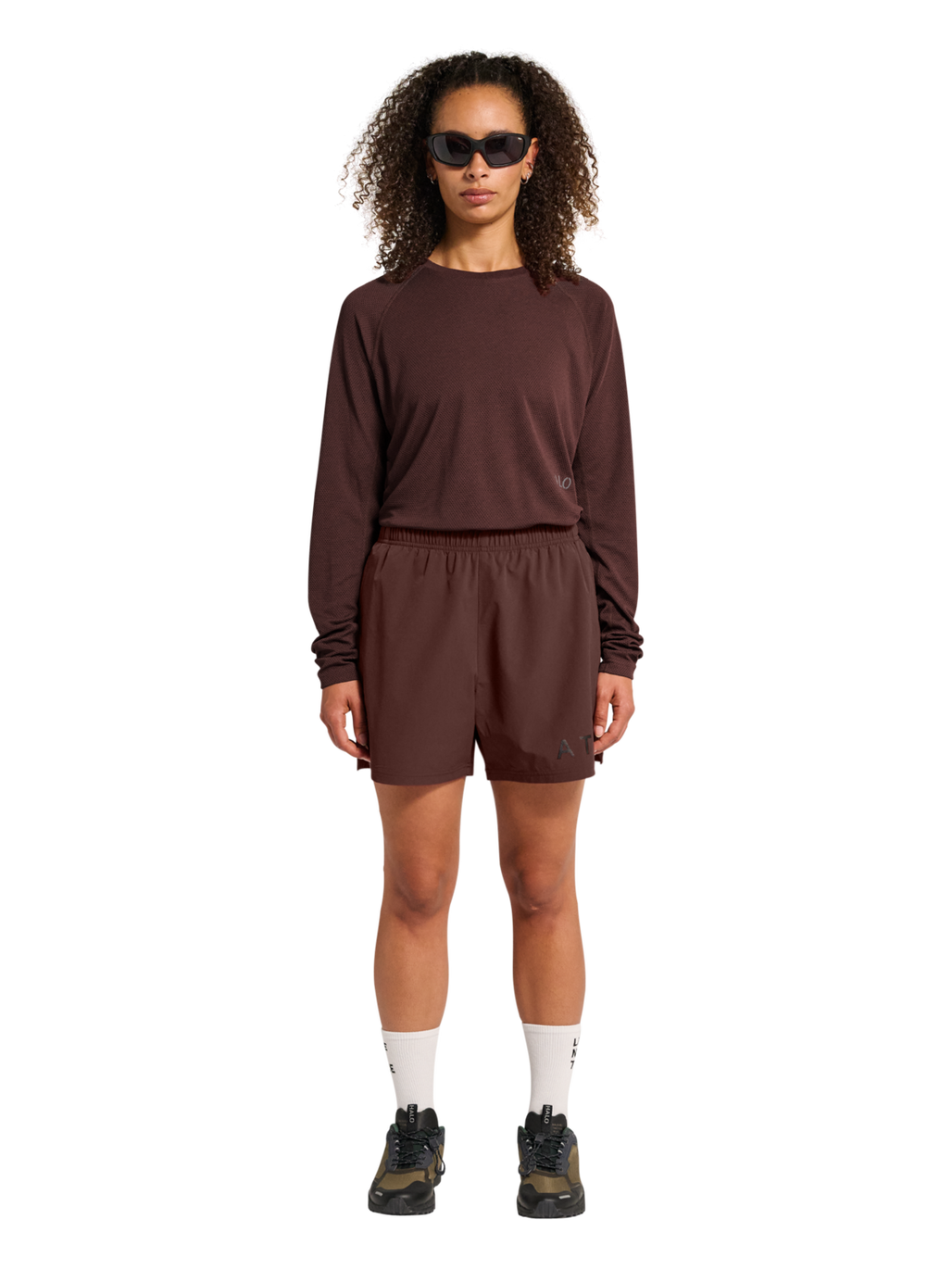 HALO SHORTS, BITTER CHOCOLATE, model
