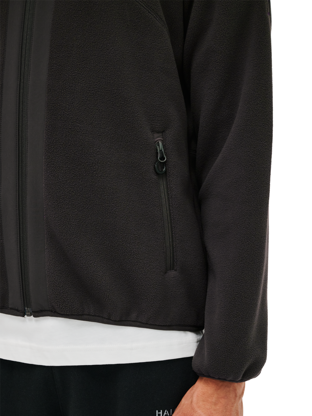 HALO DBU PANELED FLEECE JACKET, RAVEN, model