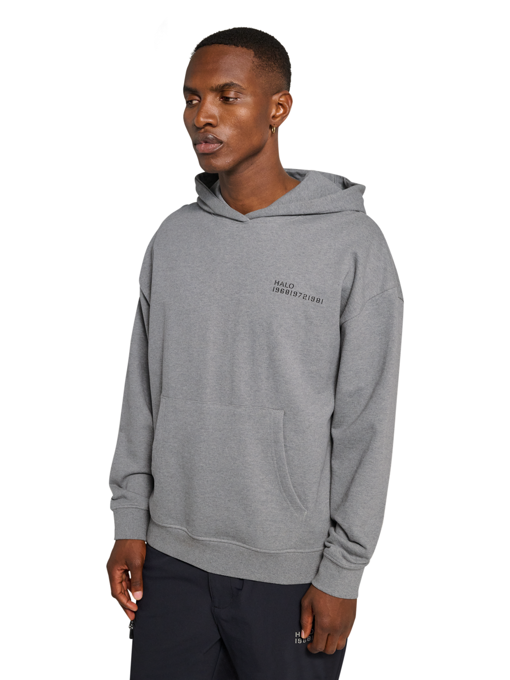 HALO ESSENTIAL HOODIE, GREY MELANGE, model