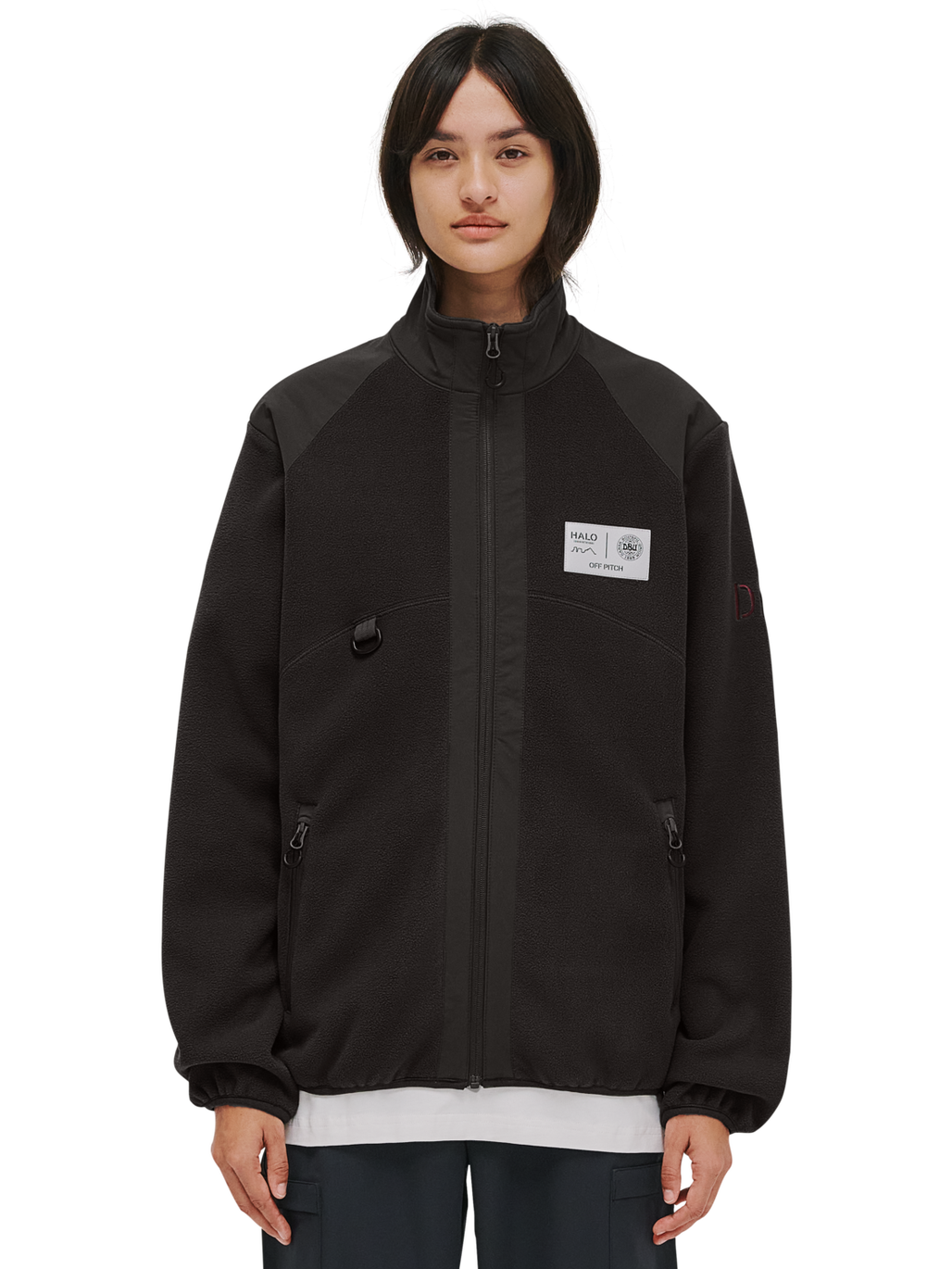 HALO DBU PANELED FLEECE JACKET, RAVEN, model
