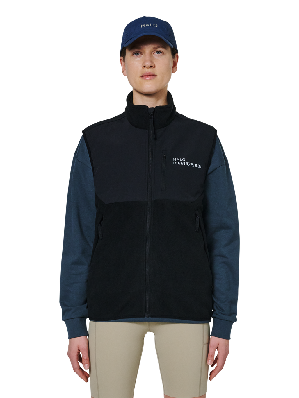 HALO BLOCKED FLEECE VEST, BLACK, model