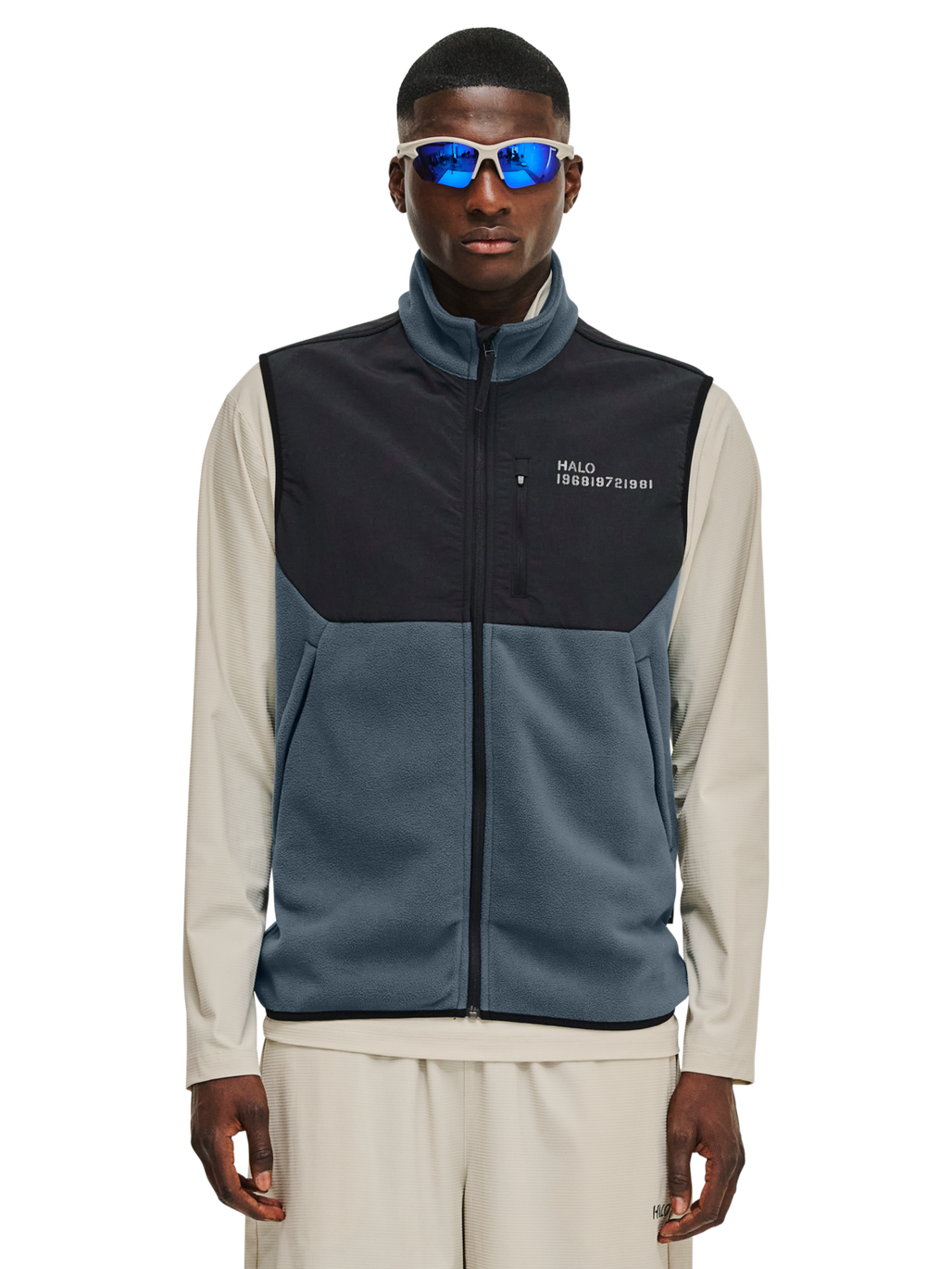 HALO BLOCKED FLEECE VEST, DARK SLATE, model