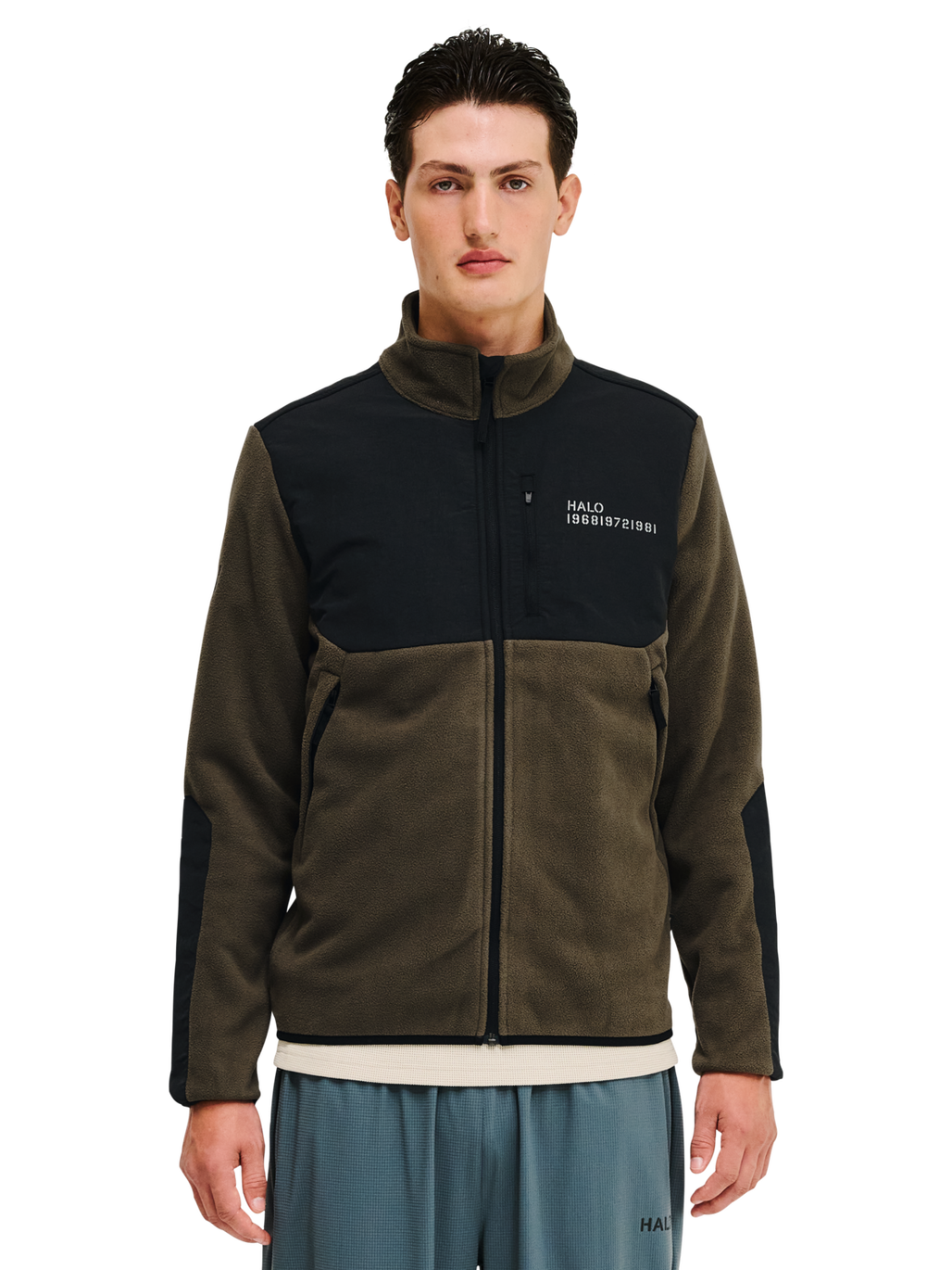 HALO BLOCKED ZIP FLEECE, MAJOR BROWN, model