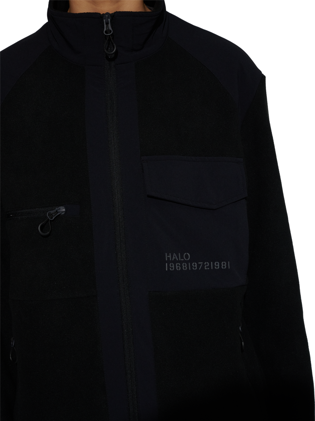 HALO PANELED FLEECE JACKET, BLACK, model