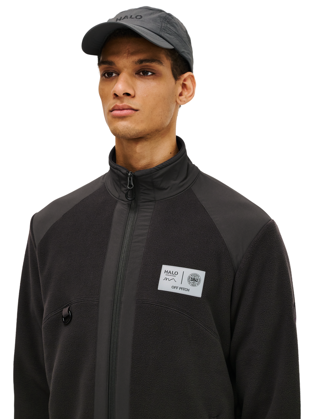HALO DBU PANELED FLEECE JACKET, RAVEN, model