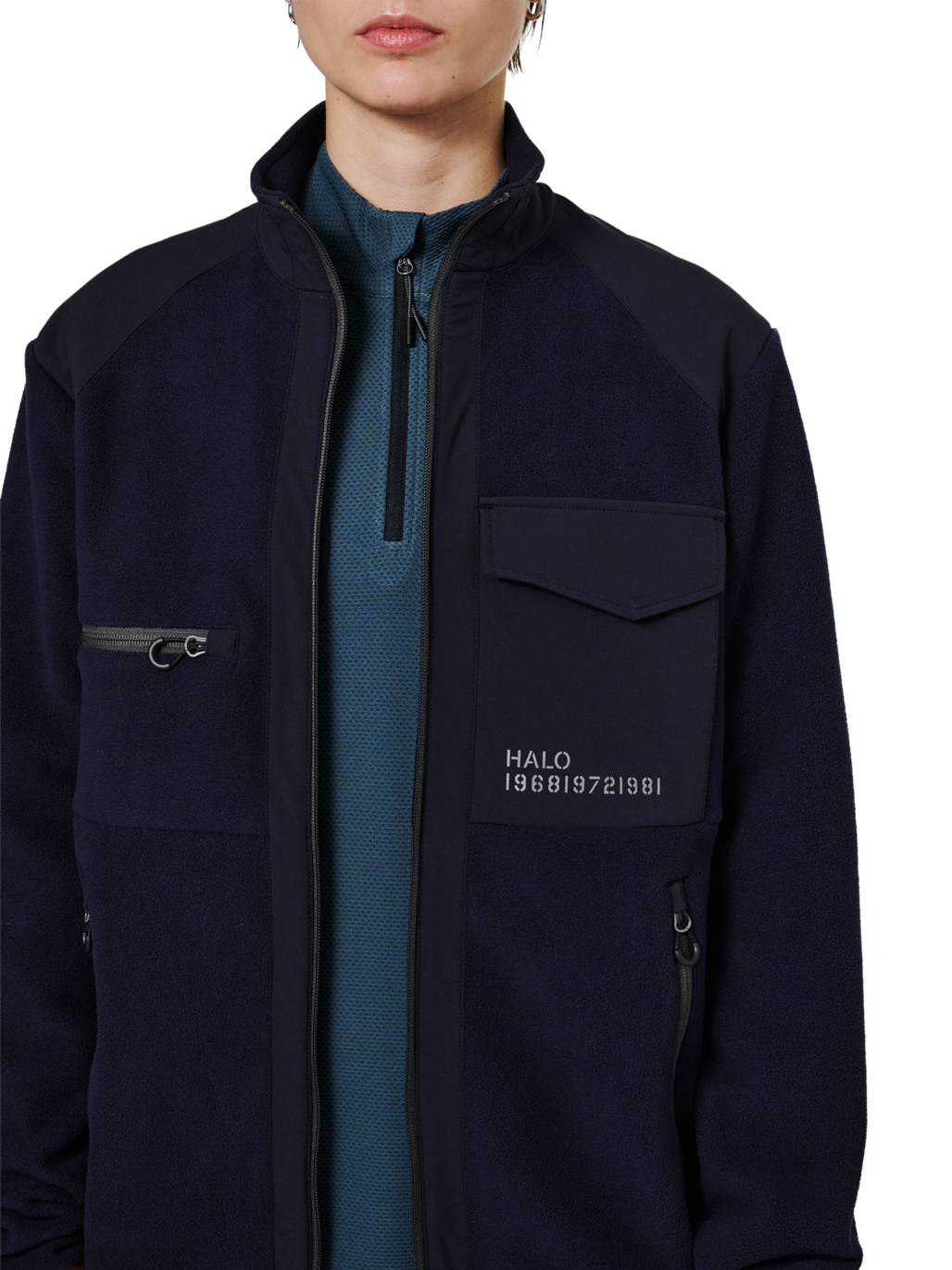 HALO PANELED FLEECE JACKET, DEEP WELL, model