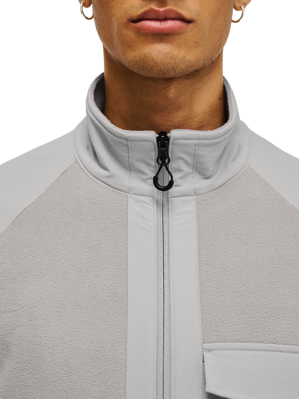 HALO PANELED FLEECE JACKET, MOURNING DOVE, model