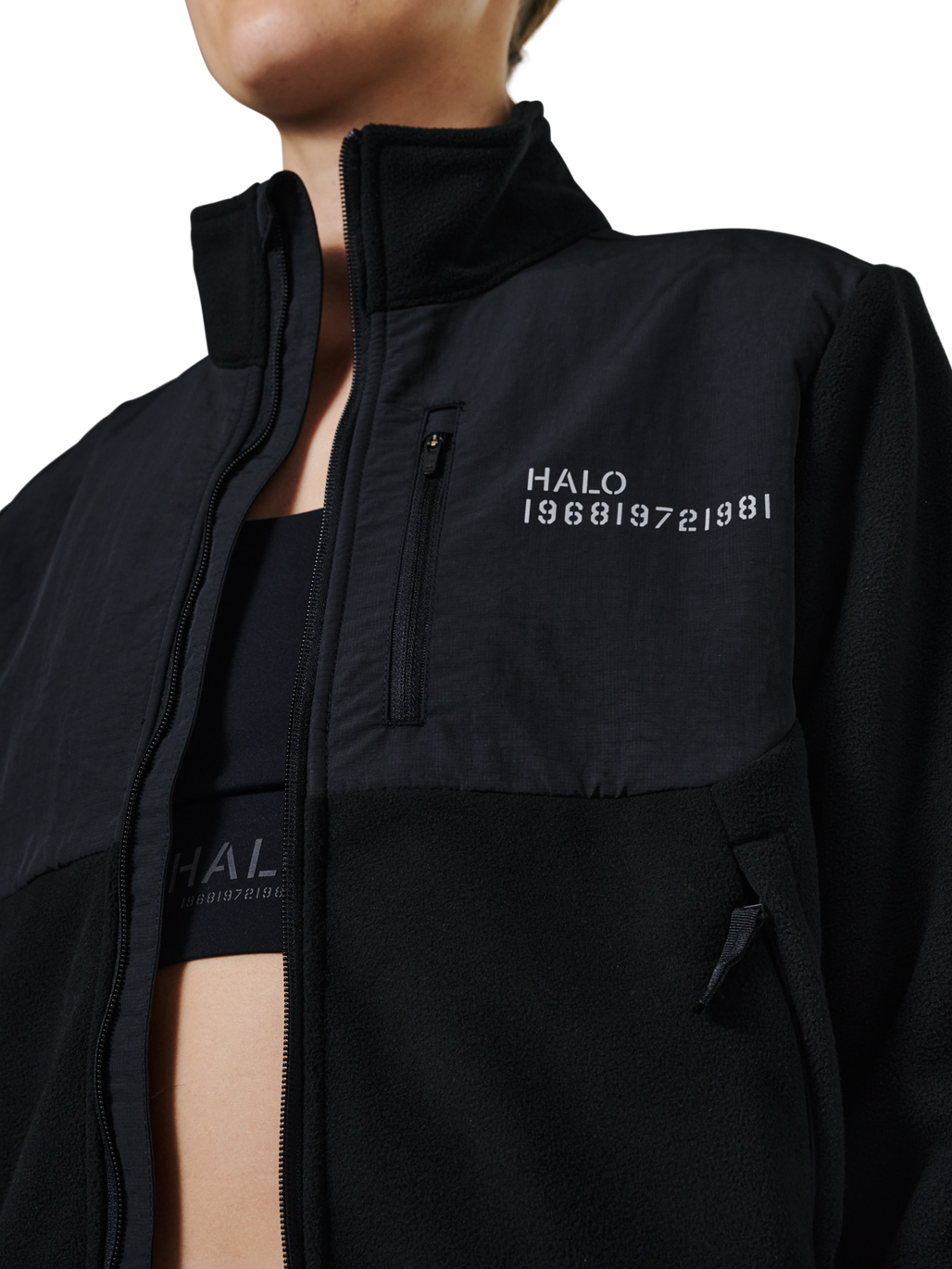 HALO BLOCKED ZIP FLEECE, BLACK, model