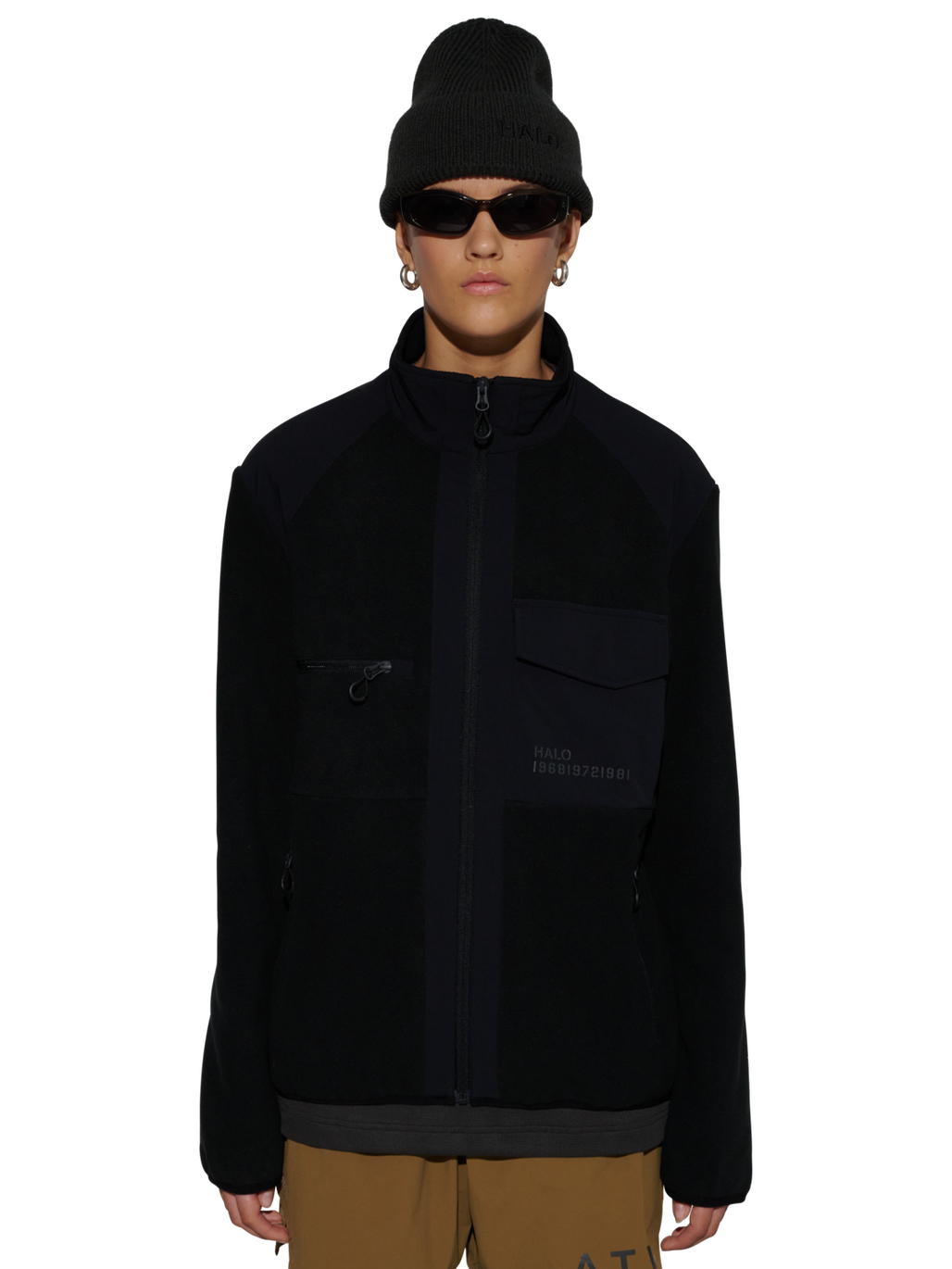 HALO PANELED FLEECE JACKET, BLACK, model