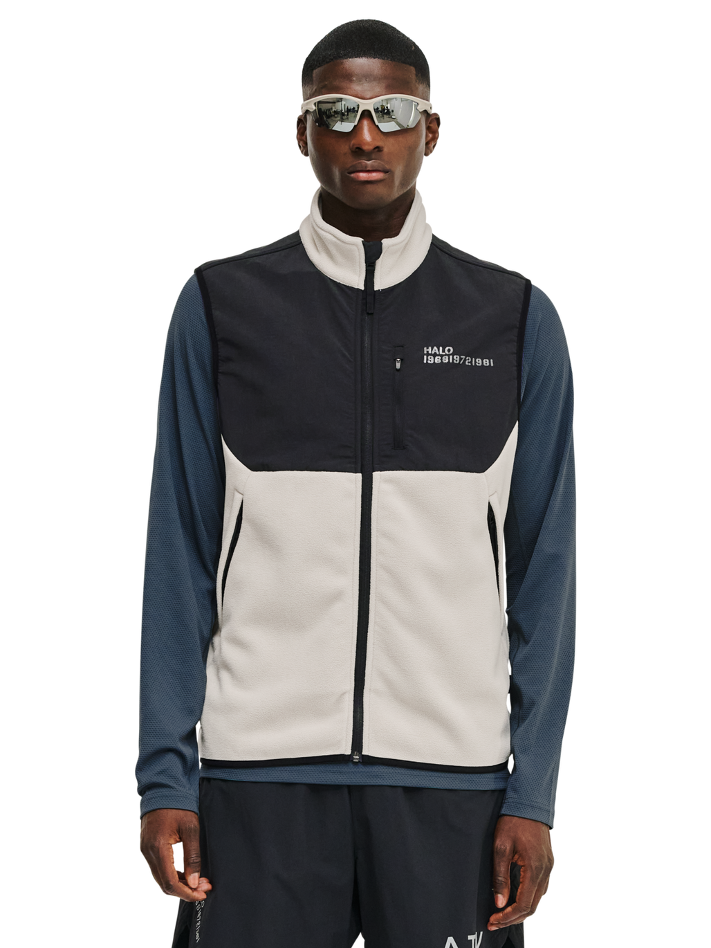 HALO BLOCKED FLEECE VEST, SILVER LINING, model