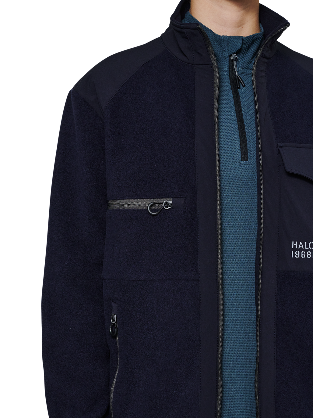 HALO PANELED FLEECE JACKET, DEEP WELL, model
