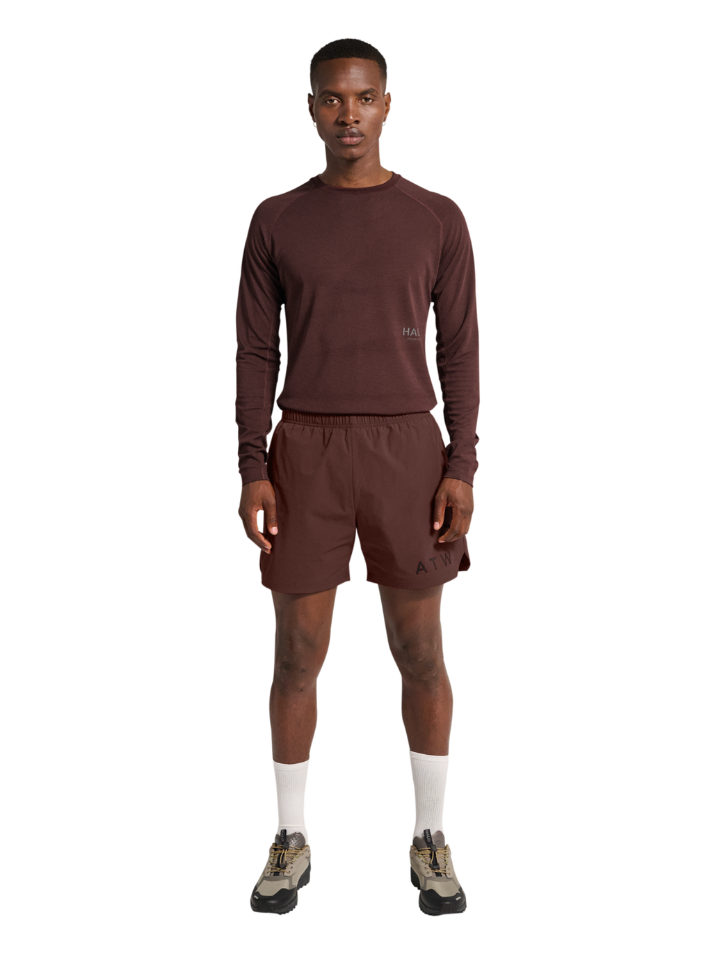 HALO SHORTS, BITTER CHOCOLATE, model